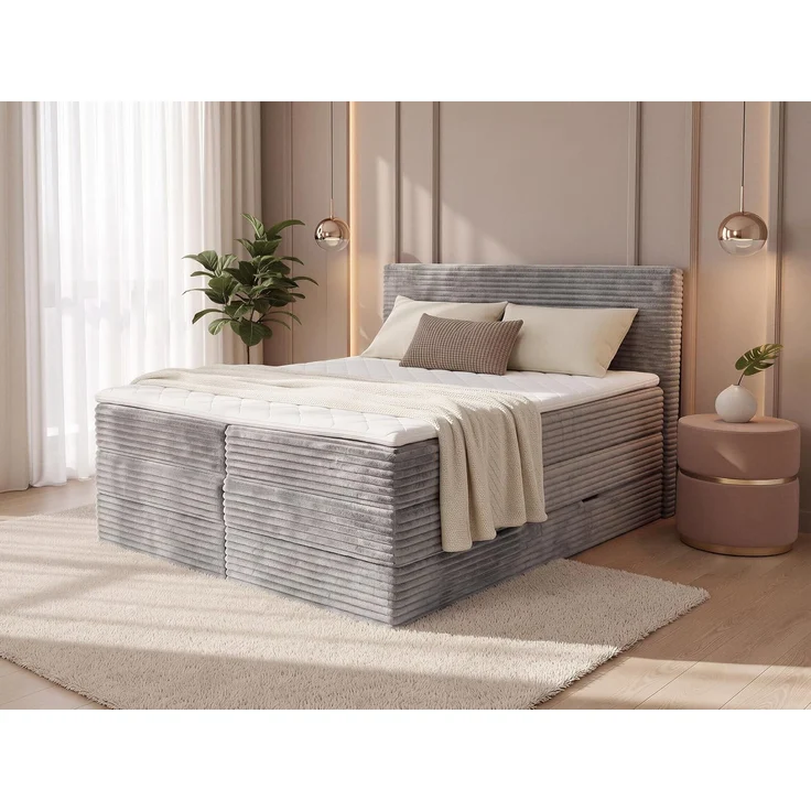 Boxspringbett Mollo XL mit 2 Bettkästen und Topper, mit Taschenfederkern- und Bonellfederkernmatratze, Doppelbett, Polsterbett aus Cordstoff mit Stauraum (Grau (Tilia 86), 140 x 200 cm) – Bild 2