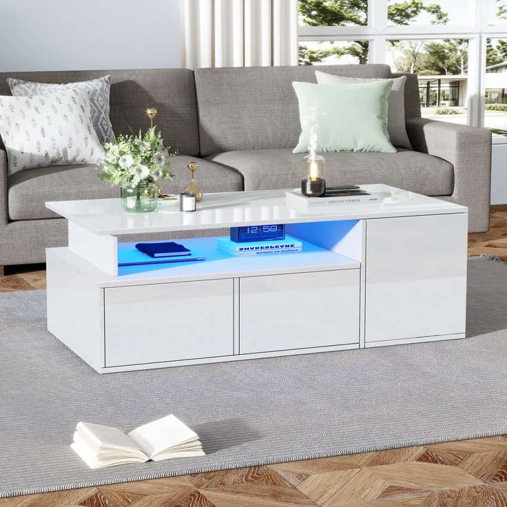 Couchtisch mit LED, 2 Schubladen & 3 seitlichen Fächern, 60 kg Tragkraft, 100x50x35 cm, Weiß – Bild 3
