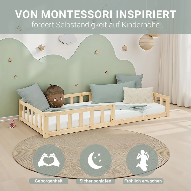 Kinderbett 90x200 Bodenbett mit Rausfallschutz Montessori Bett Kleinkindbett Holz Kiefer Natur Massiv Einzelbett Lattenrost Bettgestell – Bild 6