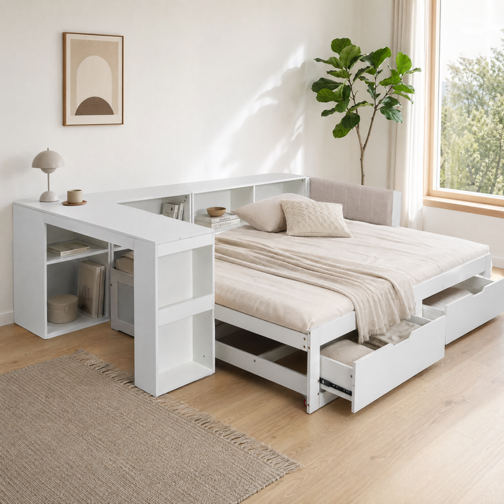 EINHOM L-förmiges 3-in-1 Multifunktionsbett – Bett + Schreibtisch + Aufbewahrungslösung – Tagesbett aus Holz und MDF mit Lattenrost, unterbettigen Schubladen & offenen Regalen, gepolstertes Kopfteil (Ohne Matratze)