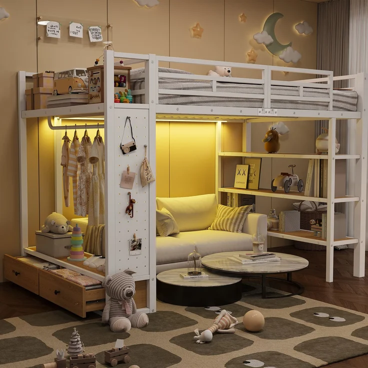 EINHOM Hochbettgestell 140 x 200 cm mit Offenem Kleiderschrank, Metall-Hochbett mit Ablagefächern, Lochwand und LED-Beleuchtung, Weiß (Ohne Matratze) – Bild 1