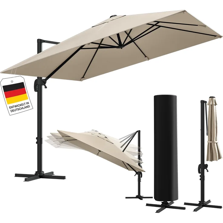 STEELSØN 'Elaris' Premium Sonnenschirm 300x300 cm quadratisch, neigbar und 360-Grad drehbar, taupe, Ampelschirm inkl. Hülle, extrem robuste Metall-Stange, 220 g/m² Polyester, UV50+