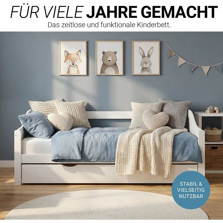 Gästebett Holzbett 90x200 cm mit 2 Matratzen Weiß Tagesbett ausziehbar Jugendbett Ausziehbett Funktionsbett – Bild 7