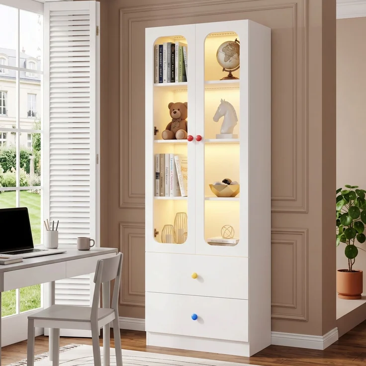 ZUBALIYA Glasvitrine, Aktenschrank, Sammelfiguren-Vitrine, 4 Ebenen Spielzeugschrank mit 2 Schubladen, RGB-LED-Beleuchtung per App steuerbar, Kindermöbel, bunte kugelförmige Keramikgriffe, weiß, 60x35x170 cm – Bild 18