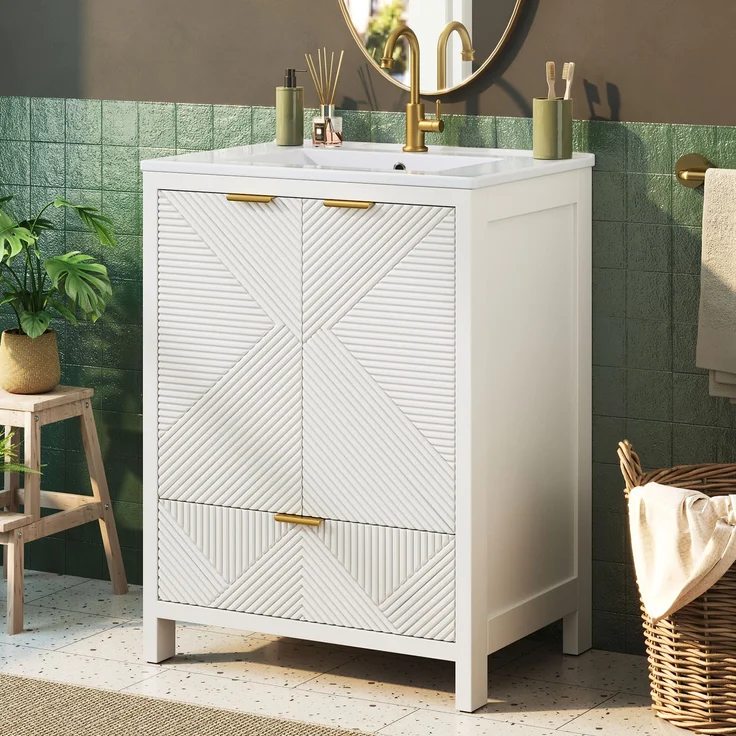 Freistehender Badschrank mit Keramikwaschbecken, 61 x 47 x 87 cm, MDF, Weiß, Wellenstruktur – Bild 4