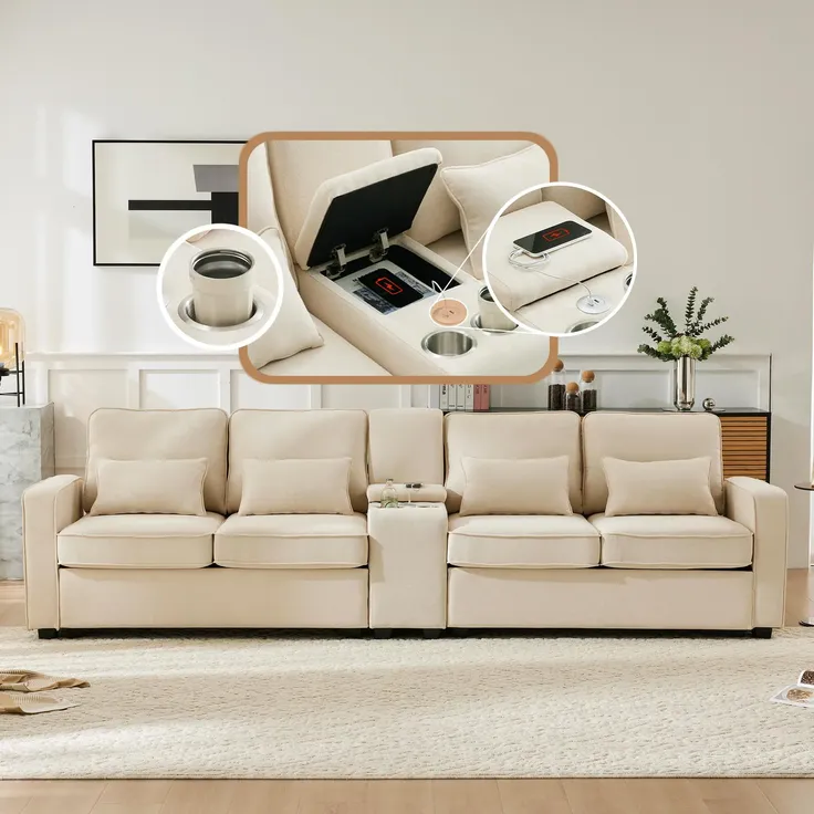 Big-Sofa, 4-Sitzer inkl. loser Zier- und Rückenkissen, Zwischentisch, USB-Anschlüssen, Polstersofa, Wohnzimmersofa, Leinen – Bild 3