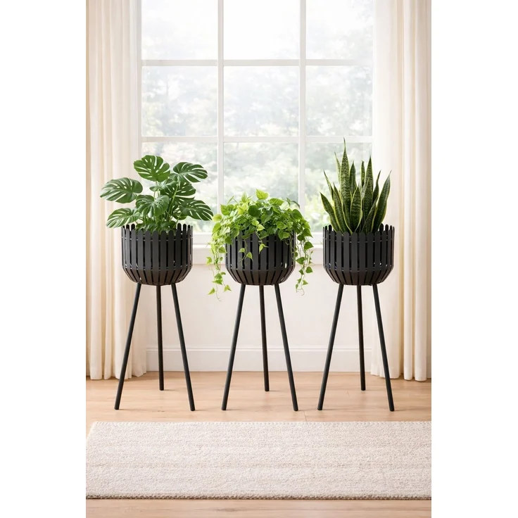 Blumenständer Metall Schwarz 71cm Pflanzenständer Modern Gittertopf Ø25 – Bild 5