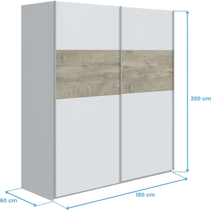 Habitdesign, Kleiderschrank– Schwebetürenschrank mit 2 Schiebetüren für Schlafzimmer, viel Stauraum in Arkit weiß und Alaska-Eiche, Maße: 180 x 200 x 60 cm (B x H x T), Modell Aikos – Bild 8