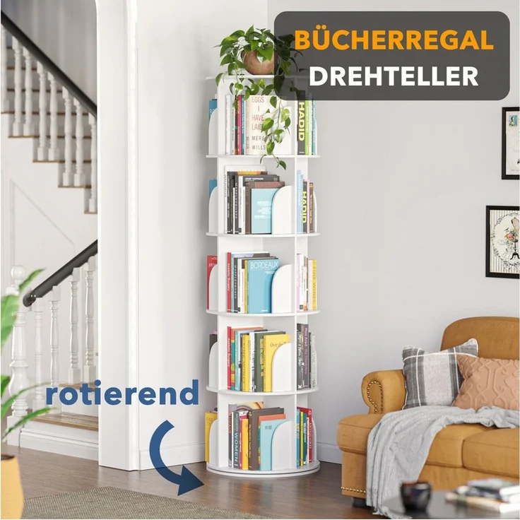 SpaceAid Bücherregal 360-Grad drehbares Bücherregal, 1-tlg, Standregal mit 5 Ebenen, weiß – Bild 3