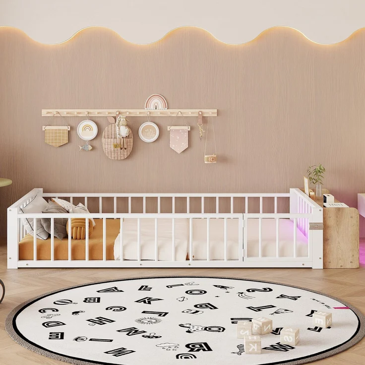Kinderbett mit LED-Streifen, Regal, Zaun, Lattenrost und Tür, 90x200 cm, Einzelbett mit Rausfallschutz, Metallbett – Bild 3