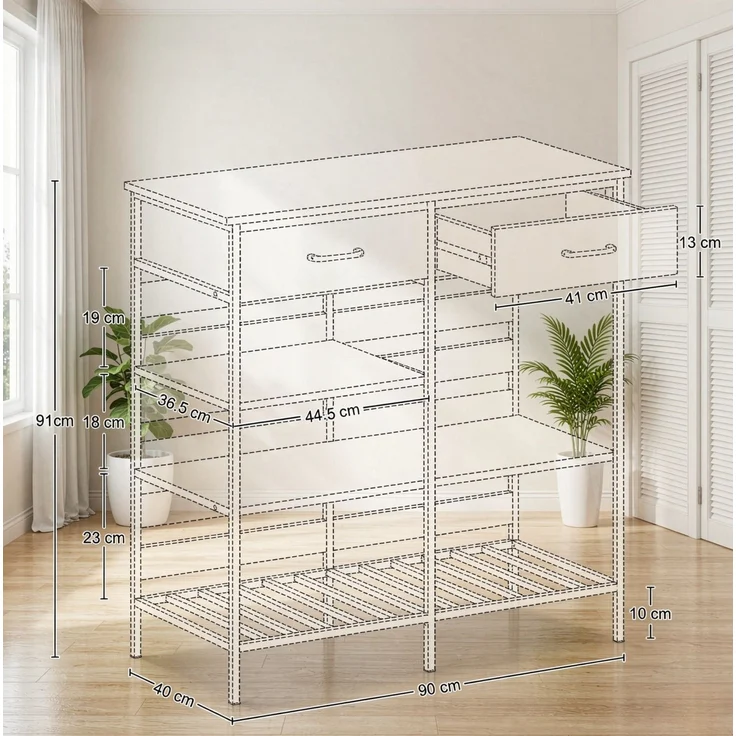 Küchenbuffet 90x40x91 cm mit 2 Schubladen und 3 offenen Ablagen – Natur und Schwarz – Bild 3