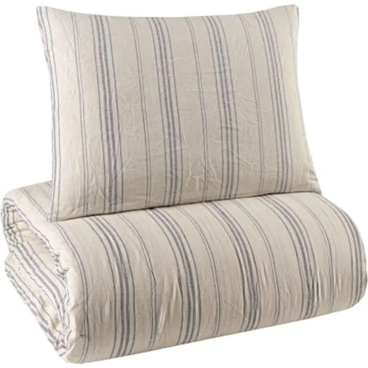Leinen Bettwäsche Set 135x200 cm 2-teilig gestreift Beige Blau – Bild 4