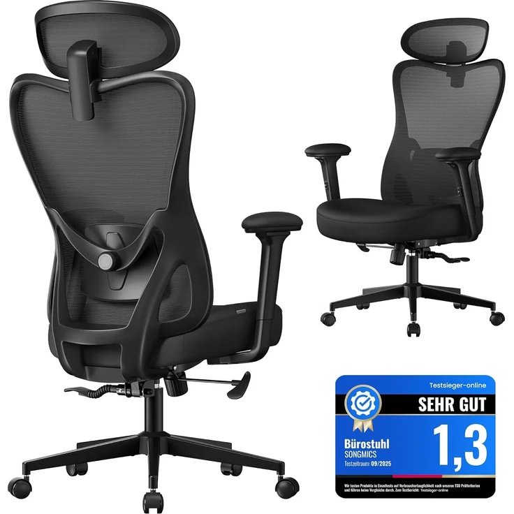 SONGMICS Bürostuhl ergonomisch, Schreibtischstuhl, Computerstuhl, verstellbare Lenden- und Kopfstütze, bis 150 kg belastbar, höhenverstellbar, tintenschwarz OBN066BH01 – Bild 1