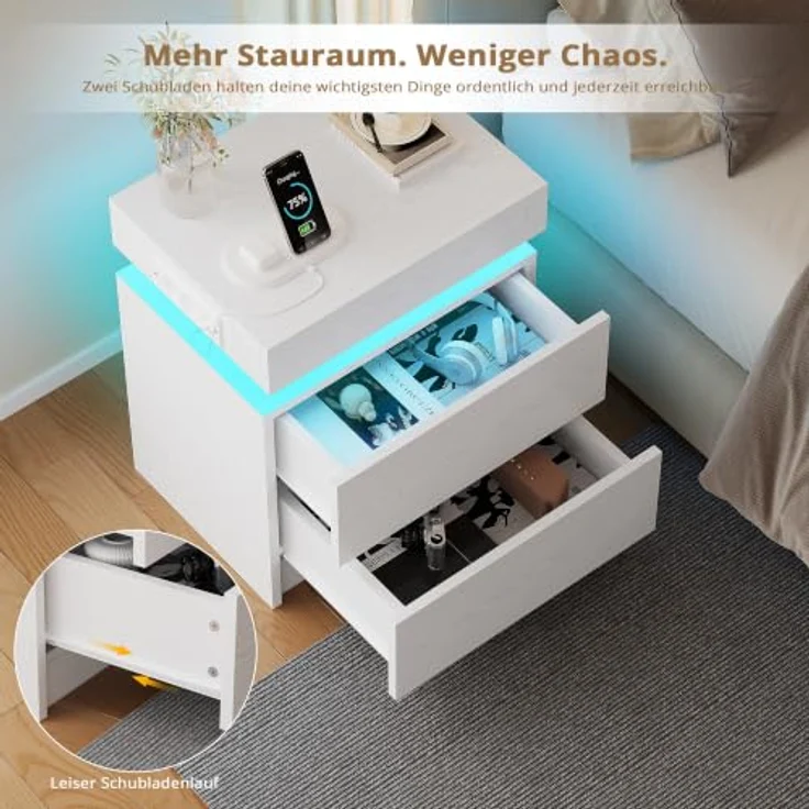 IRONCK Nachttisch 2er Set mit LED & Steckdose, Weiß | Nachtkonsole 48x35x60 cm mit USB-Anschluss, 2 Schubladen Modernes Design für Schlafzimmer, Wohnzimmer – Bild 7
