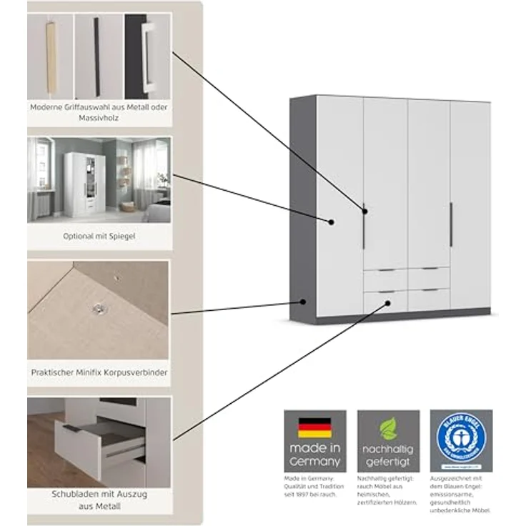 rauch Drehtürenschrank Kleiderschrank Schrank Garderobe KREFELD optional mit Spiegel mit 3 Griff-Varianten, inkl. praktischen Schubladen MADE IN GERMANY – Bild 6