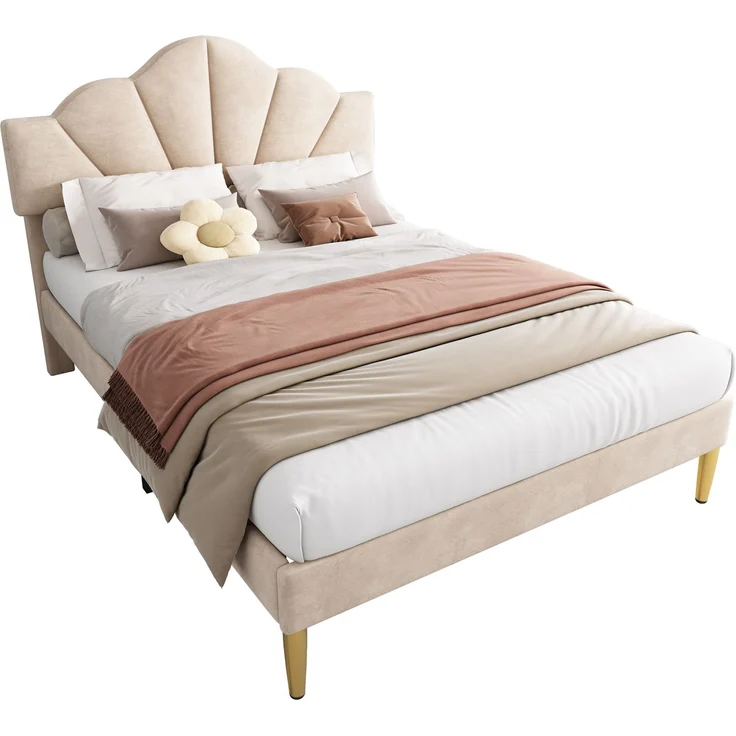Polsterbett 140×190 cm mit höhenverstellbarem Kopfteil, Samtbezug, Beige, ohne Matratze – Bild 7