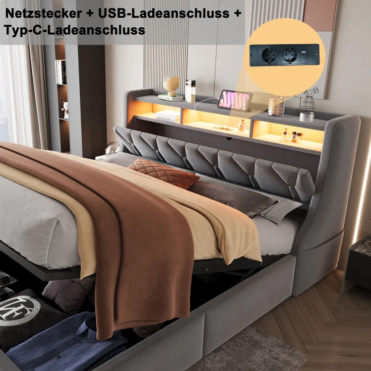 U-life Polsterbett 180x200 cm, fürs Schlafzimmer, hydraulischer Stauraum, klappbar, Steckdose und Ablagefach, LED-Beleuchtung, Sperrholz, Grau – Bild 4