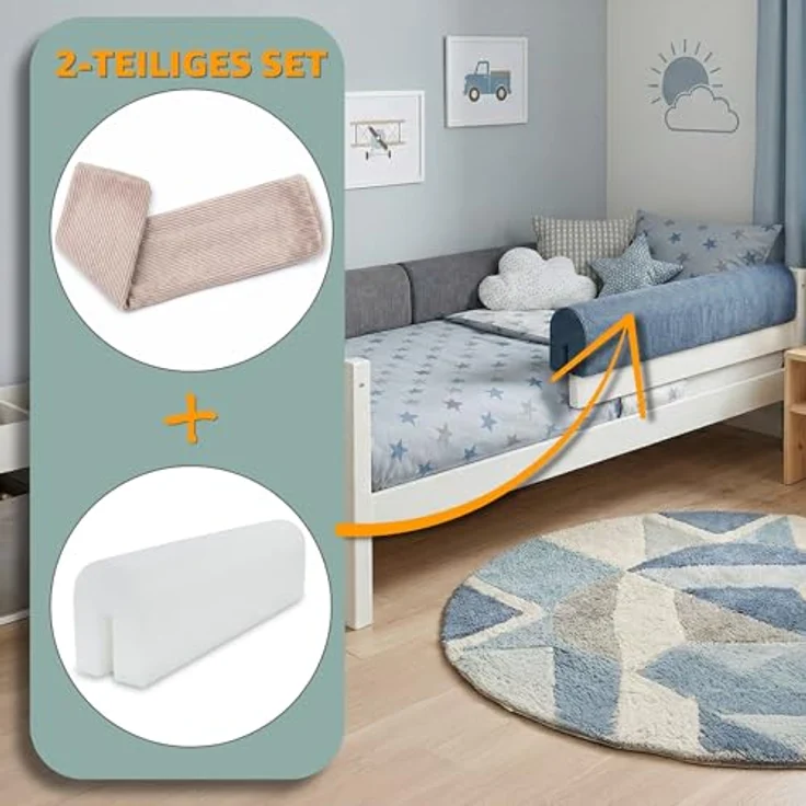 Bettkantenschutz für Kinderbetten 80 cm - Schutz für Bettrahmen Baby Bett rausfallschutz für boxspringbett bettgitter mit Minky Bezug Kantenschutz Kinder Babybett Jeansfar – Bild 5