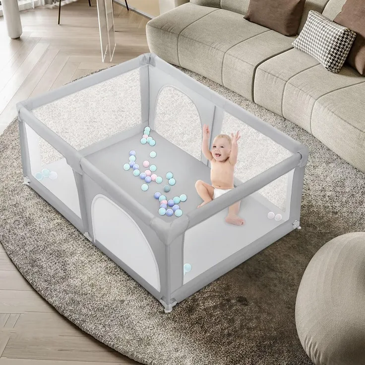 OHMG Laufgitter für Baby,Laufgitter Indoor&Outdoor,Kippsicheres Kinder-Baby-Gitter,Kinderzaun mit Anti-Kollision Schaum Absperrgitter mit atmungsaktivem Netz,für Apartment,50 Spielbällen