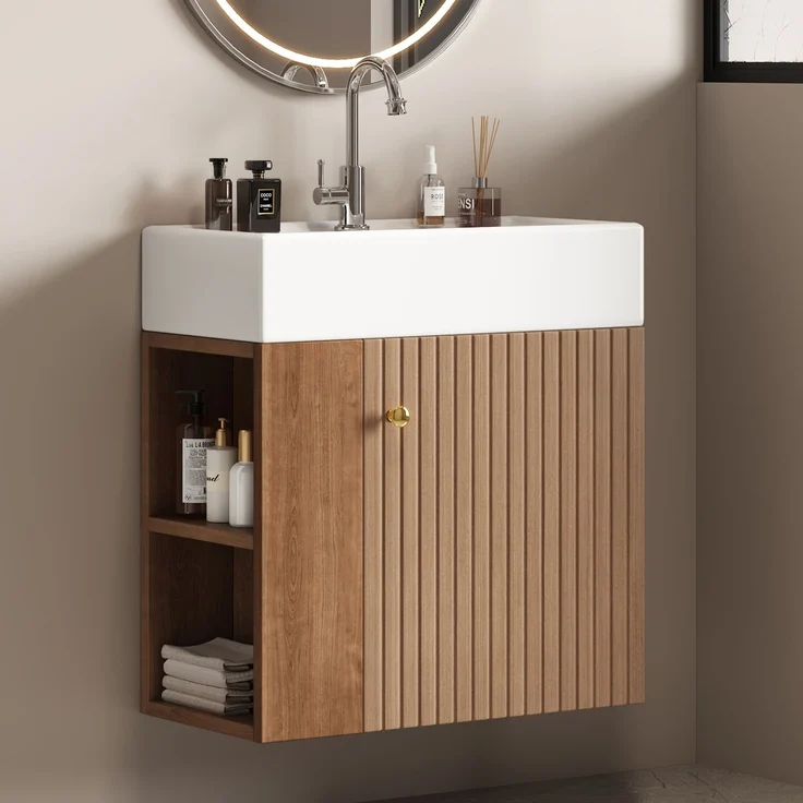 Waschtischunterschrank 66.5x55x31 cm, braun, mit Keramikbecken und Stauraum – Bild 2