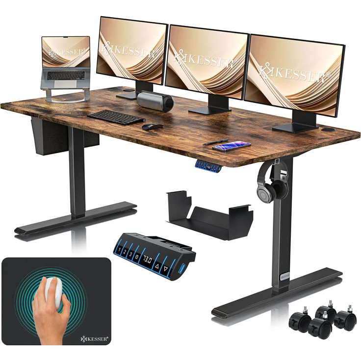 KESSER® Höhenverstellbarer Schreibtisch elektrisch | Ergonomisch Steh-Sitz Schreibtisch | 3-Funktions-Memory Steuerung | Inkl. 360° Rollen & USB-Ladeanschluss | Computertisch für Homeoffice Braun, 180 x 80 cm