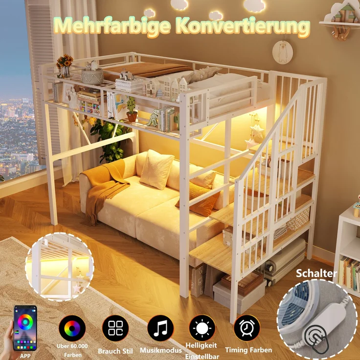 Hochbett mit Liegefläche 90×200 cm, Stufenregal und LED-Beleuchtung, Weiß, ohne Matratze – Bild 7