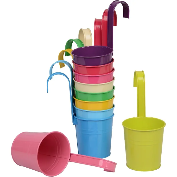 UNUS GARDEN Blumentopf Metall Blumentopf Set 10 teilig bunt Hängetöpfe mit Henkel wetterfest (Blumentöpfe 10er Set bunt hängend), blumentopf hängend, hängetopf balkon, blumentöpfe bunt, kräutertöpfe