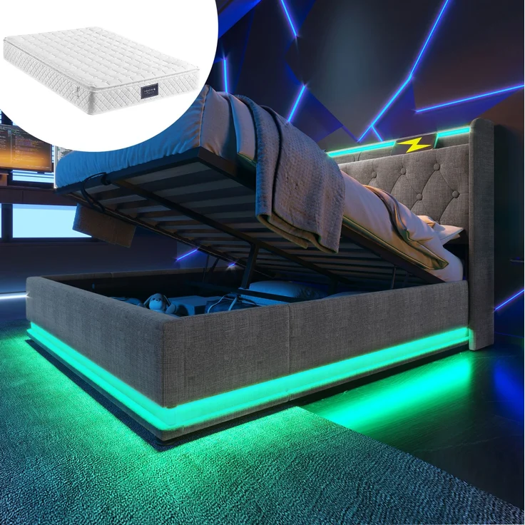 Polsterbett Leinen mit LED, USB-Anschluss & Stauraum, 140x200 cm, Grau, mit Matratze – Bild 1