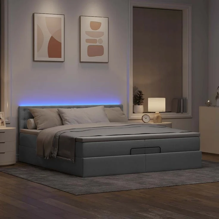vidaXL Ottoman-Bett mit Matratzen & LEDs Hellgrau 200x200 cm Stoff 3312499 – Bild 2