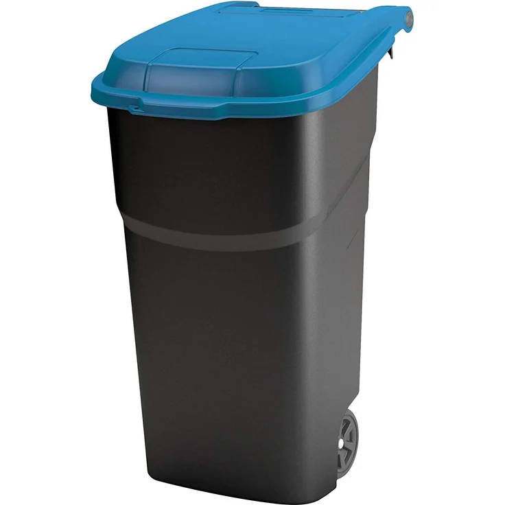 Rotho Atlas Mülltonne 100l mit Deckel und Rollen, Kunststoff (PP) BPA-frei, schwarz-blau, 100l (59, 0x51, 0x92, 0 cm)