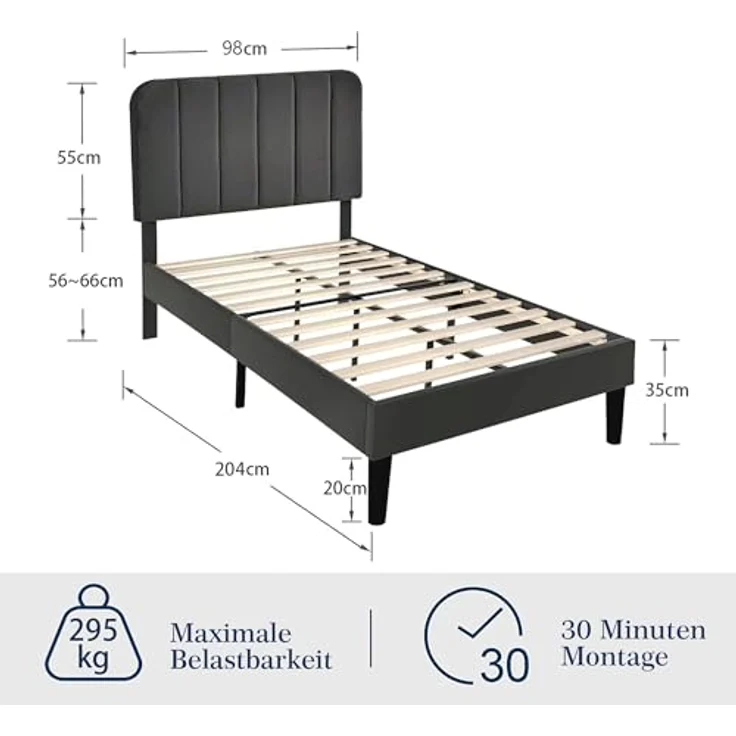 VECELO 2er-Set Polsterbett 90x200 cm – Samtbezug, Einzelbett Bettgestell mit Lattenrost aus Massivholz, Einfache Montage, Ideal für Jugendzimmer, Grau – Bild 2