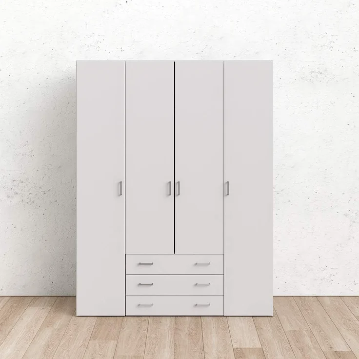 Kleiderschrank mit vier Türen und drei Schubladen, Farbe Weiß, Maße 154 x 200 x 49 cm – Bild 2
