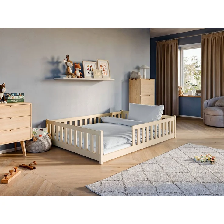 Kinderbett Bodenbett 140x200 cm Bett mit Rausfallschutz & Lattenrost Montessori Bett Bed Gitterbett Kinder Jugendbett Einzelbett optional mit Matratze | Natur Kiefer Holz massiv Junge Mädchen – Bild 4