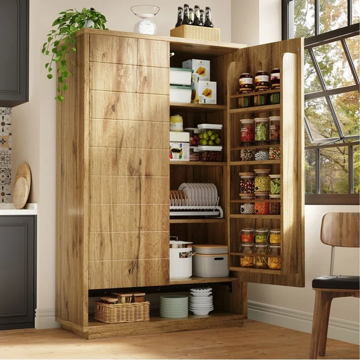 i@home Hochschrank Doppeltüriger Hochschrank 100×40×162,5 cm, Küchenschrank, Natur mit 8 Staufächern und Ablageebenen, Push-to-Open Türen, Kippsicherung – Bild 1