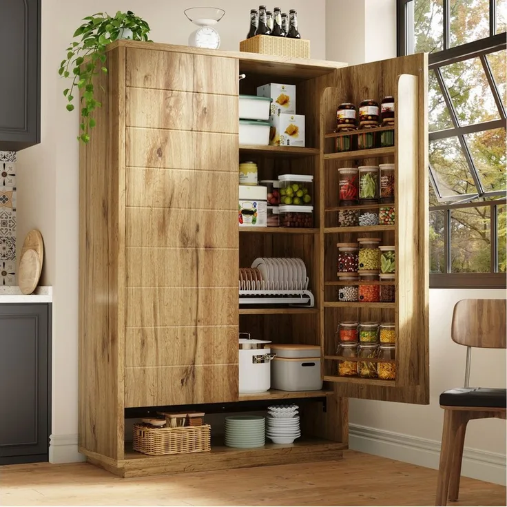 i@home Hochschrank Doppeltüriger Hochschrank 100×40×162,5 cm, Küchenschrank, Natur mit 8 Staufächern und Ablageebenen, Push-to-Open Türen, Kippsicherung