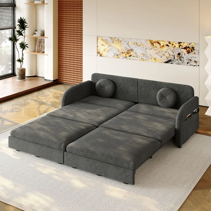 ZUBALIYA 206 cm King-Size ausziehbares 3-Sitzer-Sofa, 3-in-1 Schlafsofa, mit losen Kissen und Stautaschen an beiden Seiten, Chenille-Sofa mit Schlaffunktion, Grau, H 89 × T 205 × B 84 cm – Bild 8
