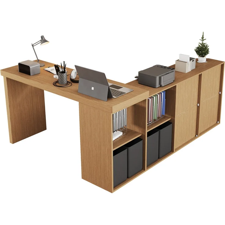 ZUBALIYA drehbarer L-förmiger Eckschreibtisch, 360° schwenkbare Tischplatte, L-förmig oder gerade aufstellbar, 4 Schubladen, 4 offene Fächer, H 78 × B 120 × T 48 cm, Schwarz / Eiche – Bild 7