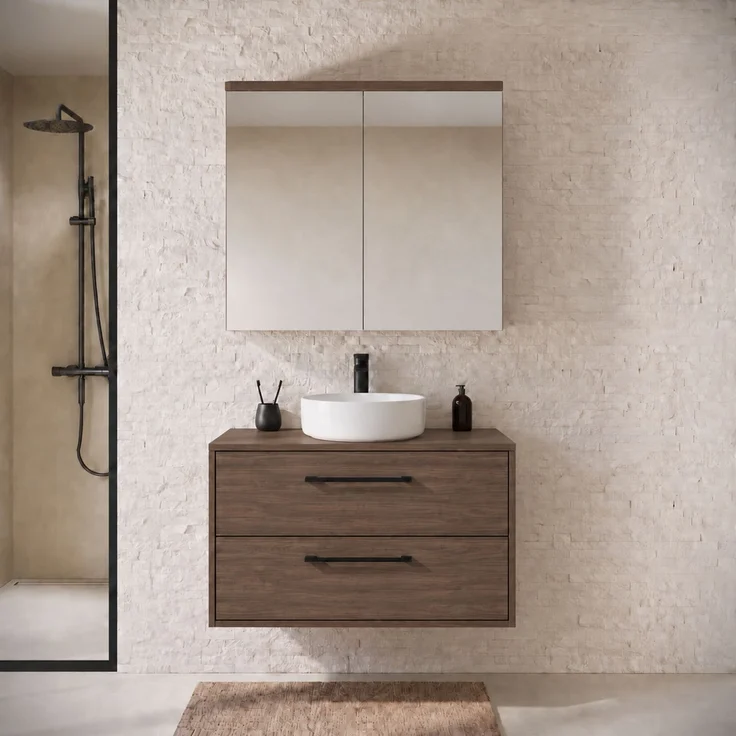Badplaats Waschtischunterschrank Florence 80 x 46 cm - Walnuss Braun - mit Spiegelschrank – Bild 2