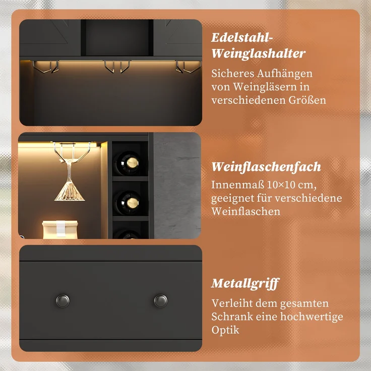Merax 180cm Küchenschrank, Hochschrank, Weinschrank mit verstellbaren Einlegeböden, Schublade, Edelstahl-Weinglashalter, Weinflaschenfächern, farbwechselnder LED-Beleuchtung und Steckdosen, Schwarz – Bild 6