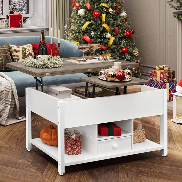 YITAHOME Couchtisch mit Anhebbarer Platte und Schubladen, 4-in-1-Multifunktions-Couchtisch mit Stauraum, Couchtisch lässt Sich in einen Esstisch für das Wohnzimmer umwandeln, Weiß&Grau – Bild 1