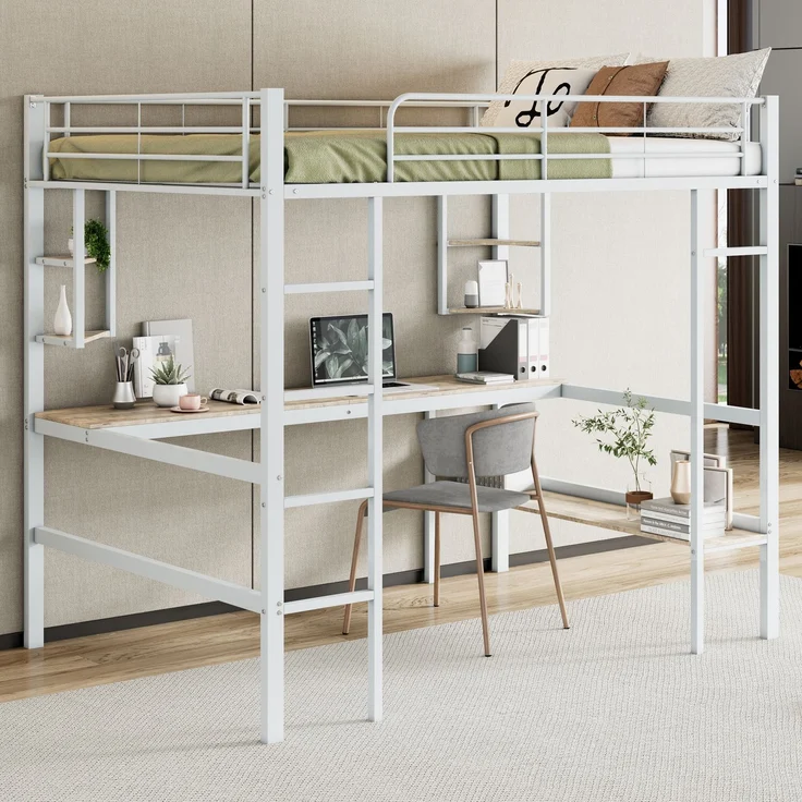 Weißes Metall-Hochbett 140×200cm mit Schreibtisch, 4 kleinen Eckregalen + großem Bücherregal, Stahl+E1-MDF, Weiß, ohne Lattenrost & Matratze, Gesamt L204 × T145 × H180 cm – Bild 2