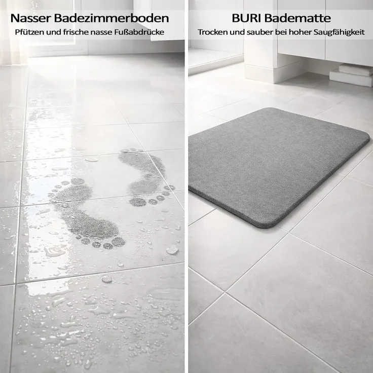 BURI Badematte 60x39x1 cm aus Kieselgur grau – rutschfeste Steinmatte, wasserabsorbierend & schnelltrocknend, antibakterielle Duschmatte, langlebiger Badvorleger mit Antirutschmatte – Bild 3