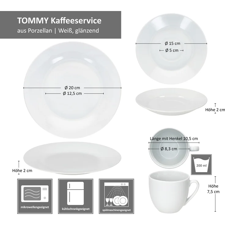 18tlg Kaffeeservice Tommy weiß Porzellan 6 Personen Dessertteller – Bild 6