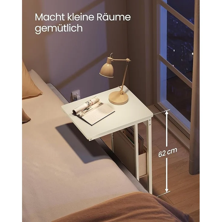 Vasagle Beistelltisch, Nachttisch mit Steckdosen, C Form, Couchtisch für kleine Räume, 2 USB-Anschlüsse, 2 AC-Steckdosen, Aufbewahrungstasche, verstellbare Füße, cremeweiß – Bild 3