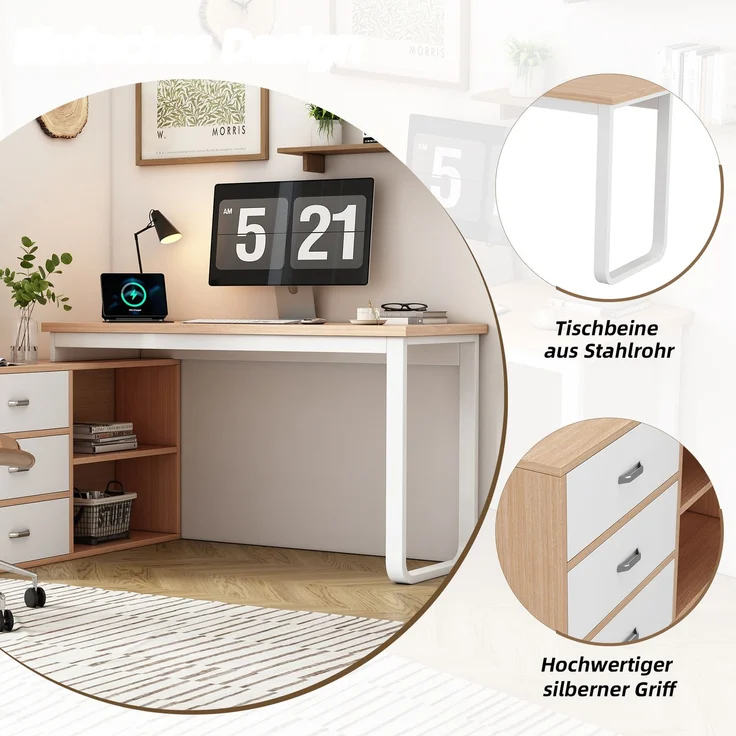 Flieks L-Form Schreibtisch 147×100×75.3 cm, Bürotisch mit 3 Schubladen & 2 offenen Ablagefächern, massiver Stahlrahmen, Naturholzfarbe & Weiß – Bild 4