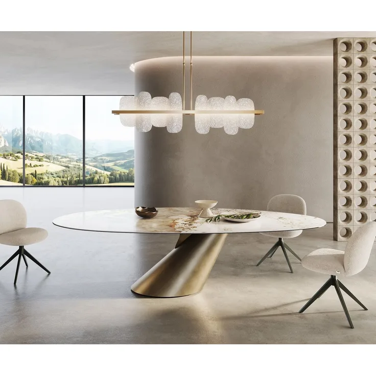 Esstisch Edge Oval 280x130 Keramik Minas Melange Weiß-Beige Cono Metallic Gold