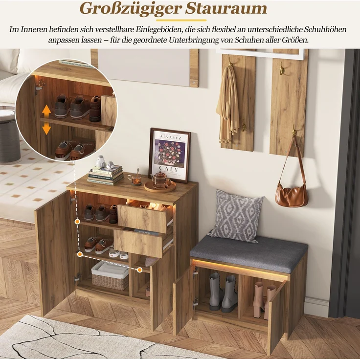 Garderoben-Set 130x35x124,5 cm in Natur, mit Spiegel, Schuhbank und LED – Bild 9
