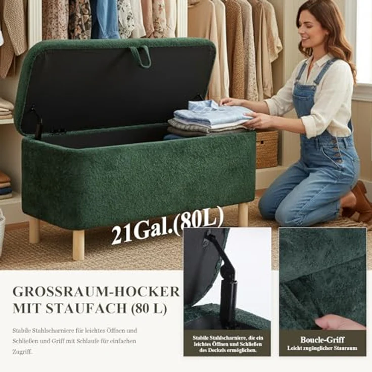 COLAMY Große Ottomane Aufbewahrungsbox für 80L, Ottomane Aufbewahrungsbank aus Holz mit rutschfesten Polstern und Klappdeckel, Fußhocker für Wohnzimmer, Schlafzimmer, Grün – Bild 6