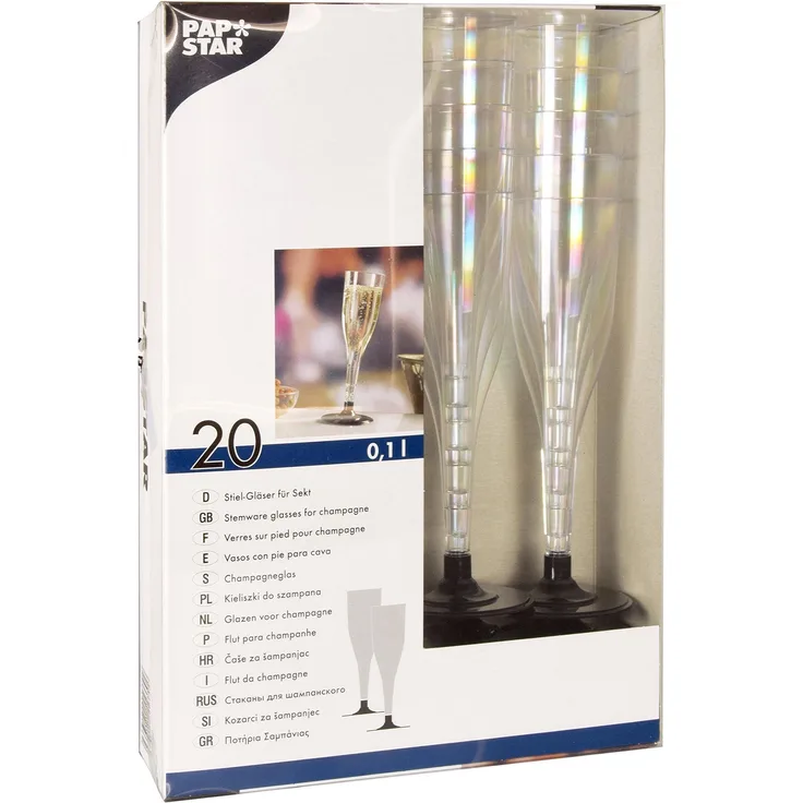 Papstar Plastik Sektglas - Stiel-Glas 0. 1 l (20 Stück) glasklar, mit schwarzem Fuß, aus stabilem Polystyrol, für festliche Anlässe und Feiern, #12196
