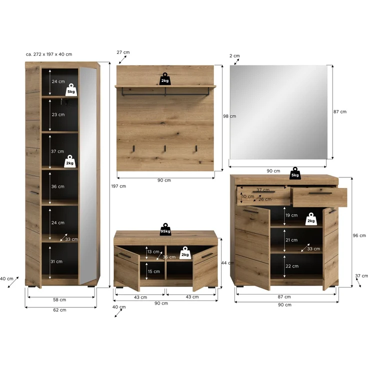 Garderobenkombination (B/H/T: 272x197x40 cm) in Evoke Oak Nachbildung – Bild 4